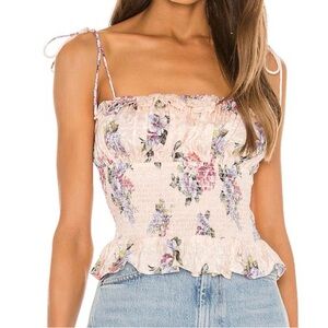 LPA Floral Dani Smocked Tie-Strap Top in Pink Size XS